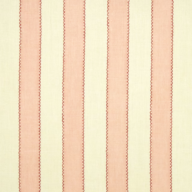 Pale pink linen stripe fabric with scalloped coral edging on cream ground
