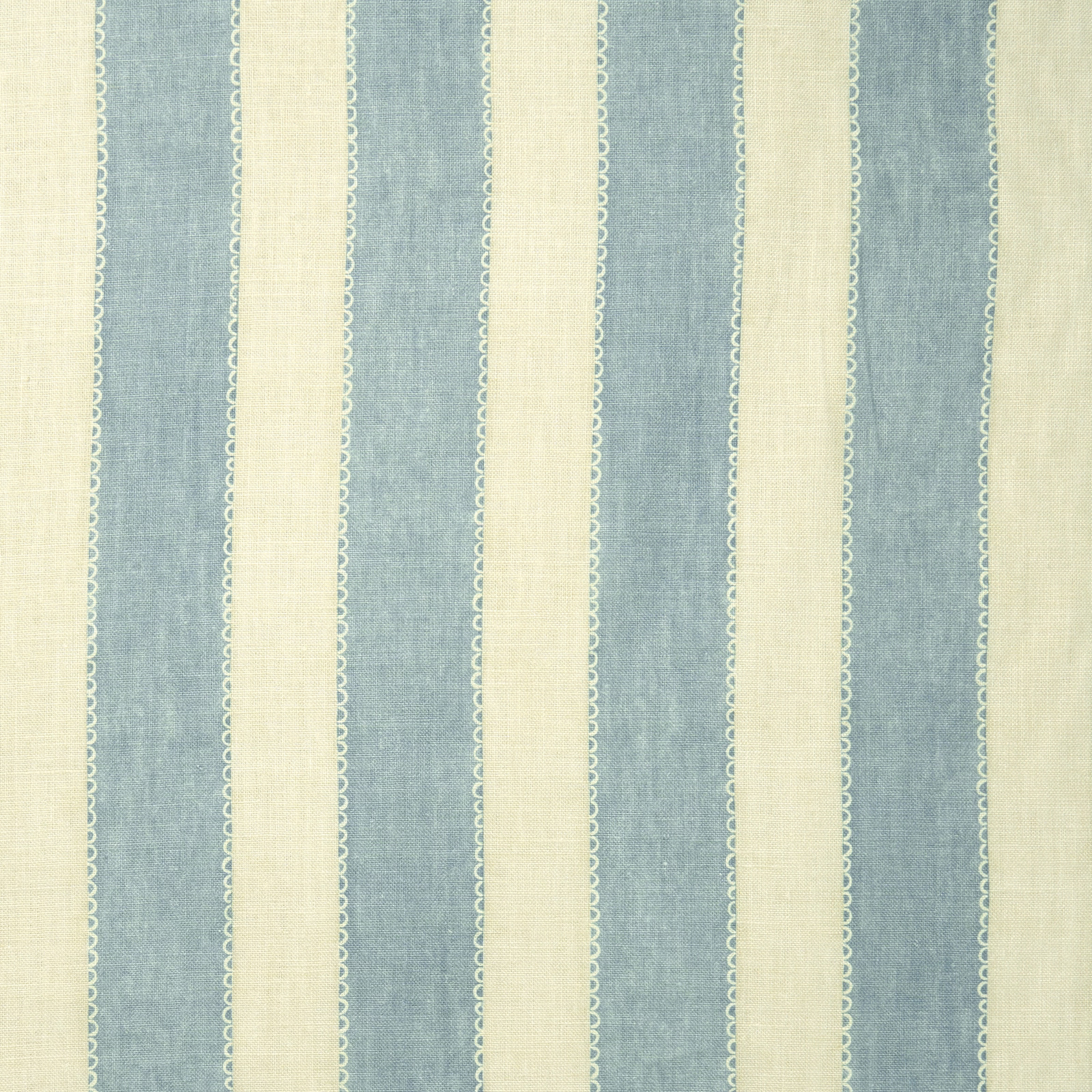 Vertical powder blue and ivory linen stripe fabric with scalloped outline detail