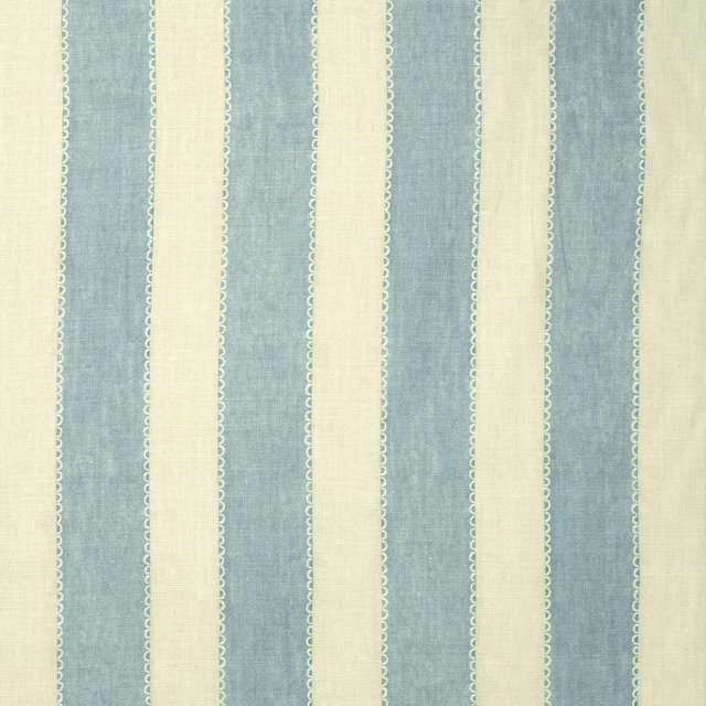 Vertical powder blue and ivory linen stripe fabric with scalloped outline detail