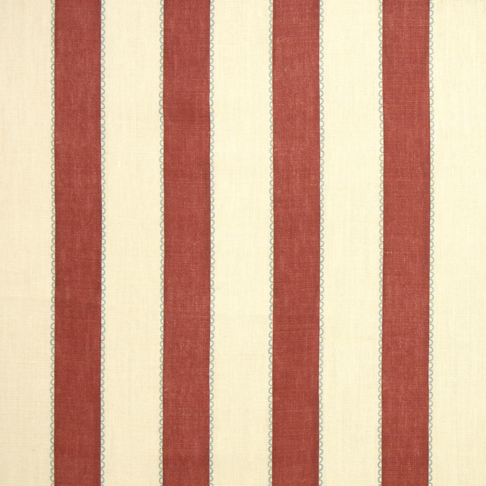 Cream linen fabric with wide muted red vertical stripes and thin scalloped blue-grey edging