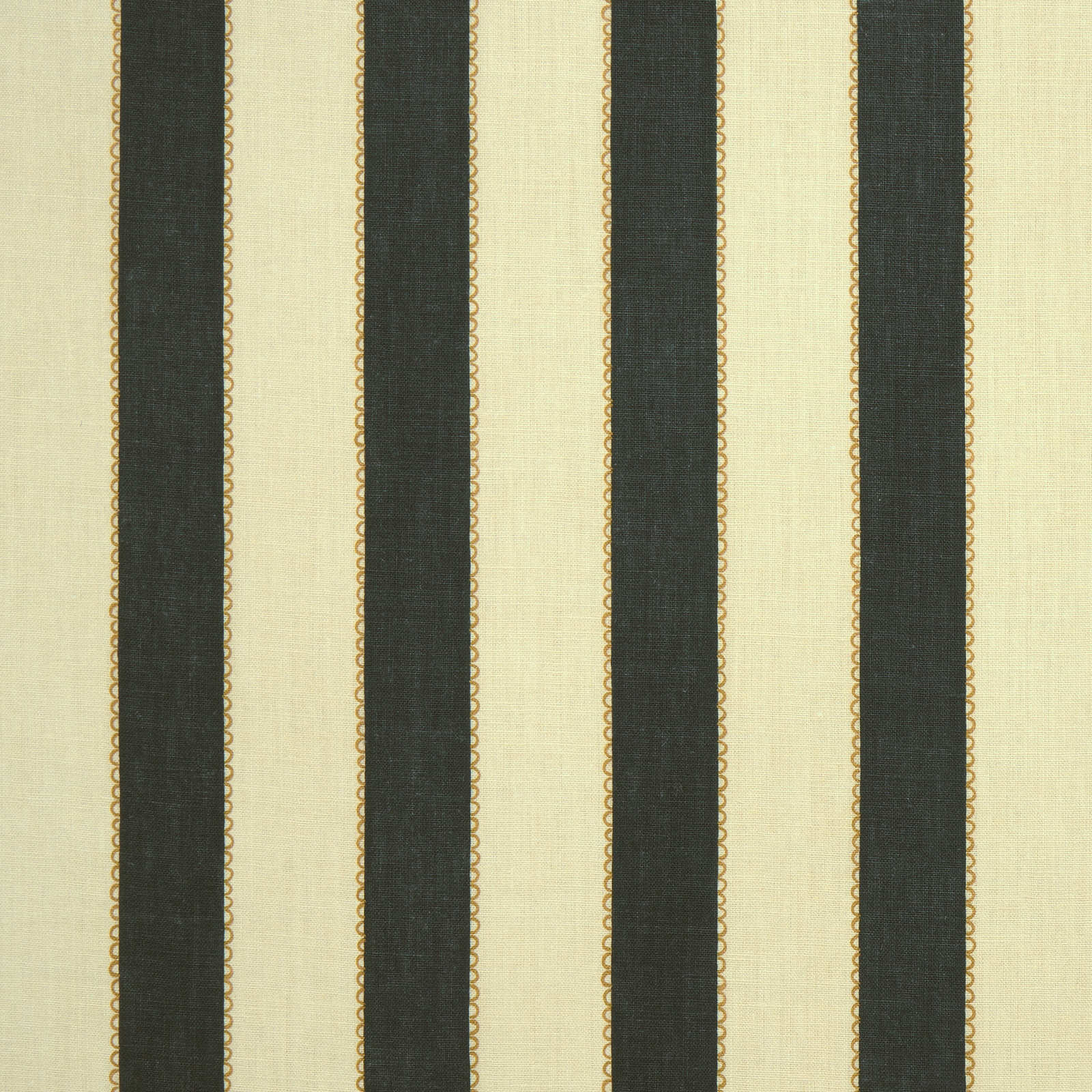 Vertical dark olive stripes on a warm pale linen ground with fine gold edging