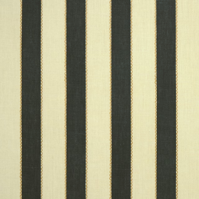 Vertical dark olive stripes on a warm pale linen ground with fine gold edging