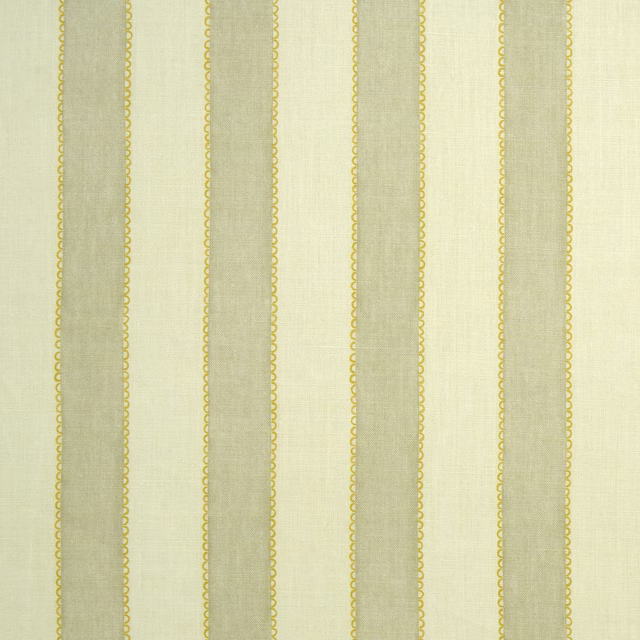 Pale straw-yellow linen stripe fabric with scalloped narrow borders
