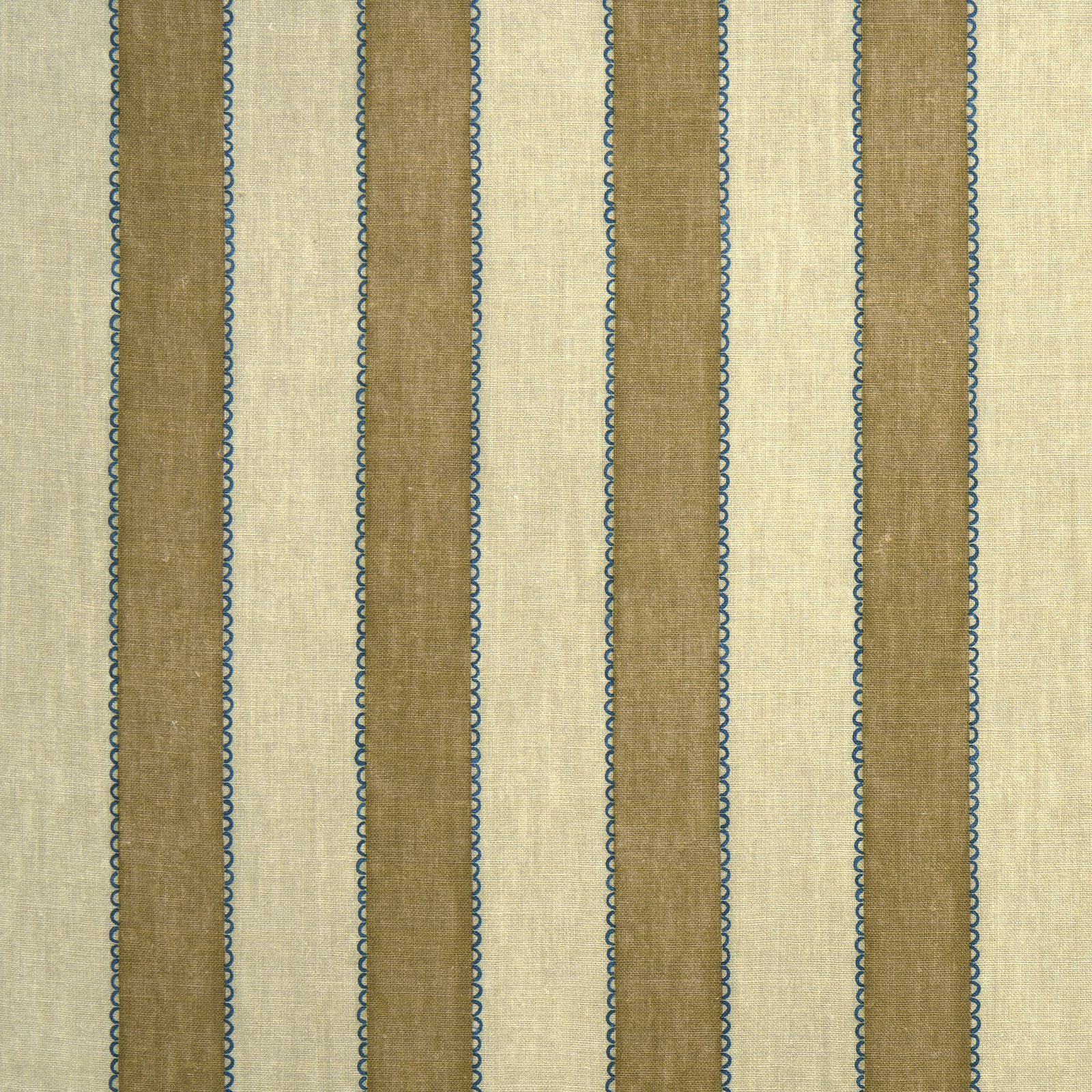 Beige linen fabric with broad toast stripes and slim blue looped borders
