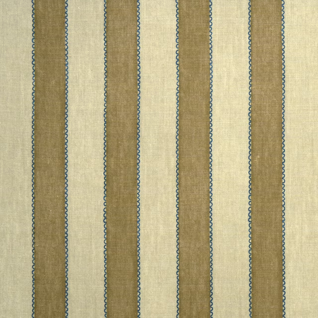 Beige linen fabric with broad toast stripes and slim blue looped borders