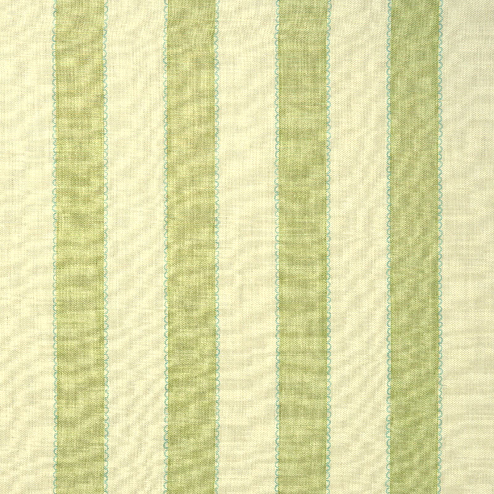 Pale cream linen fabric with soft green vertical stripes and aqua edging