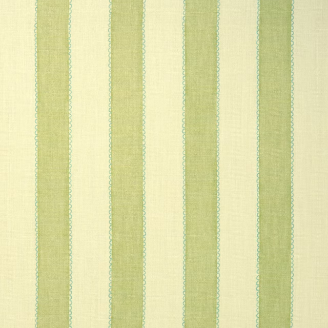 Pale cream linen fabric with soft green vertical stripes and aqua edging