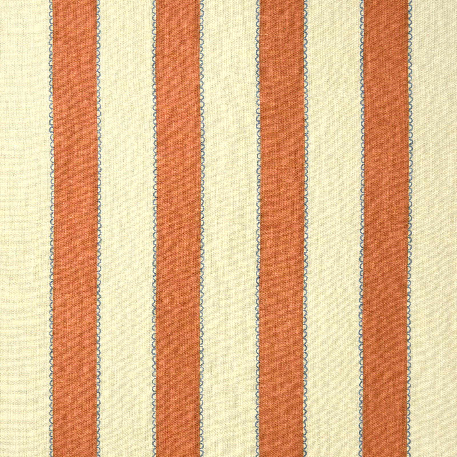 Orange and cream linen stripe fabric with narrow blue-grey edging
