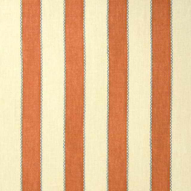 Orange and cream linen stripe fabric with narrow blue-grey edging