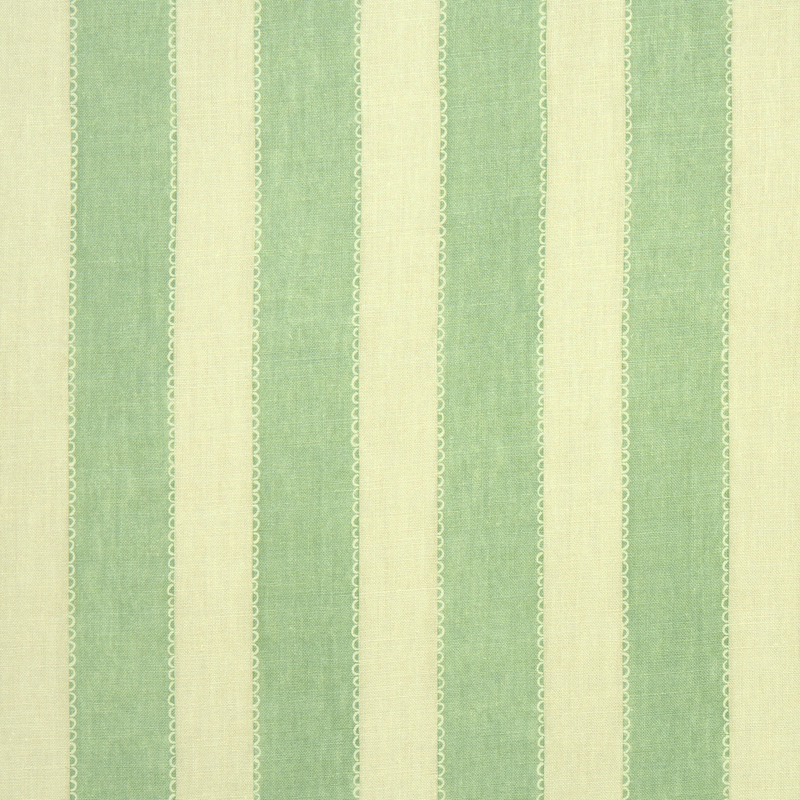 Vertical winter green and cream striped linen fabric with fine looped edging