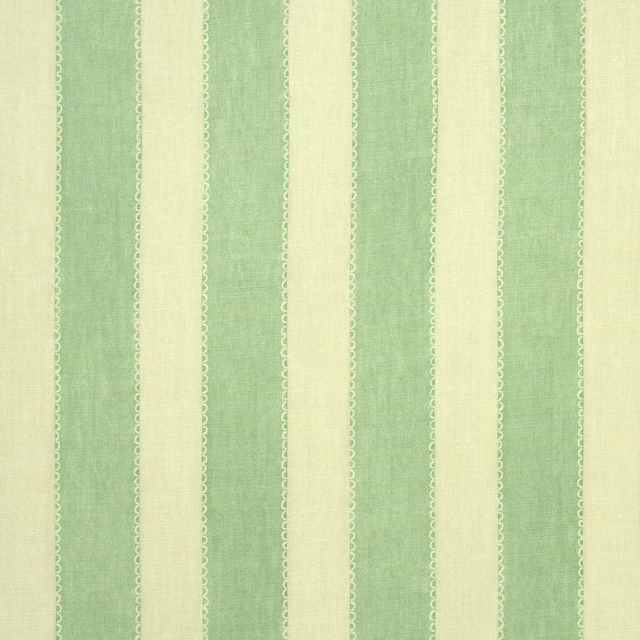 Vertical winter green and cream striped linen fabric with fine looped edging