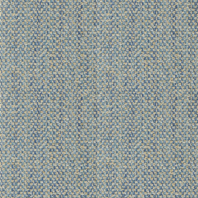 Close-up of a blue and beige woven upholstery fabric with a small basket texture