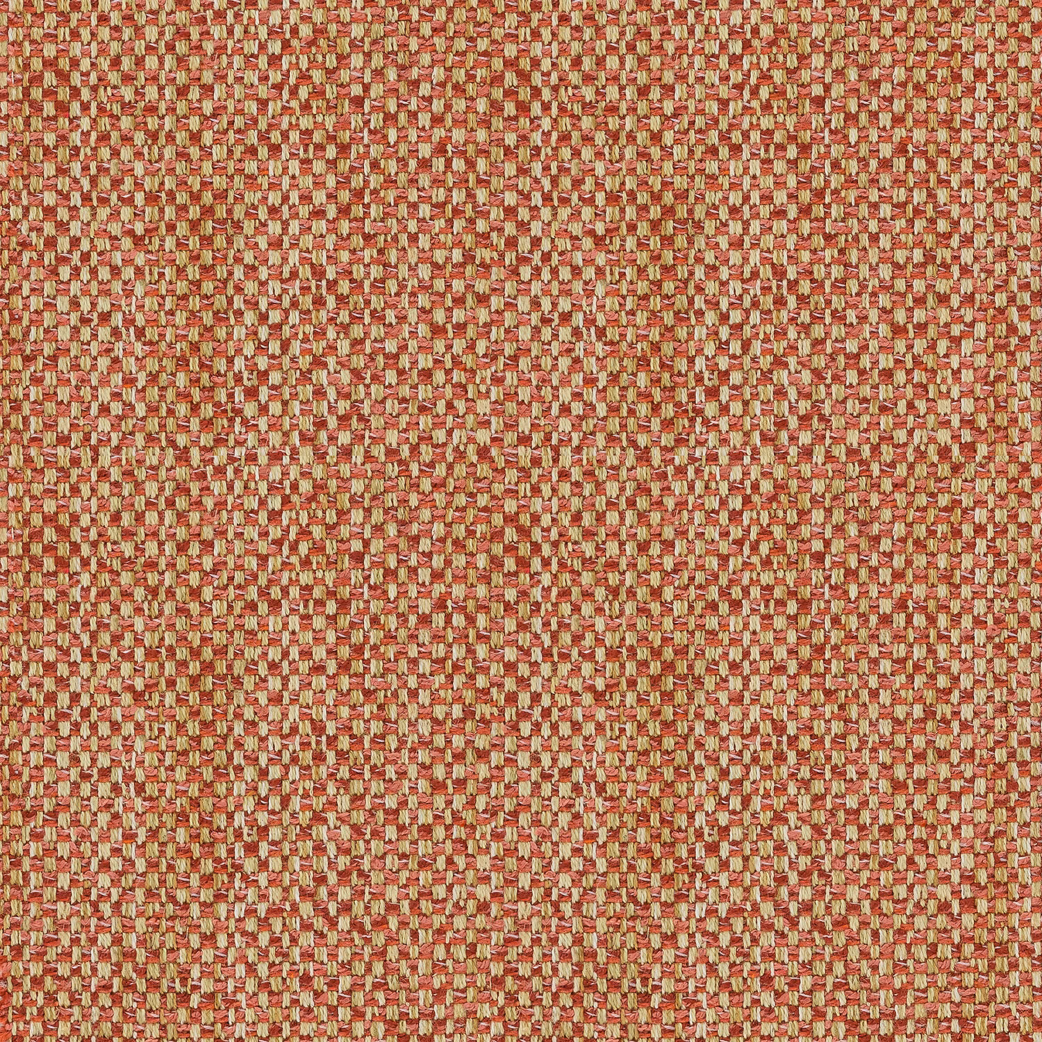 Close-up of a coral red and beige textured woven upholstery fabric
