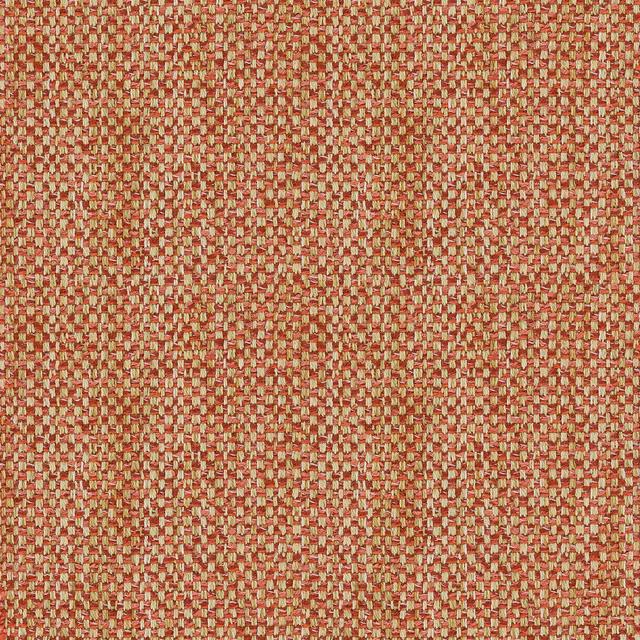 Close-up of a coral red and beige textured woven upholstery fabric