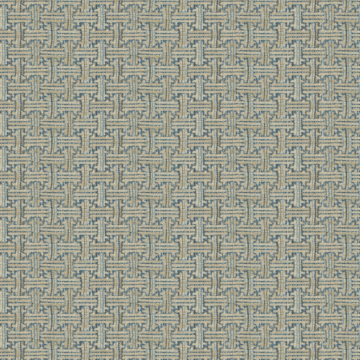Cool denim-blue woven fabric with a small interlocking geometric motif and pale neutral threads