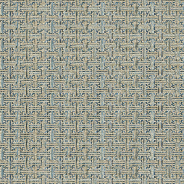 Cool denim-blue woven fabric with a small interlocking geometric motif and pale neutral threads