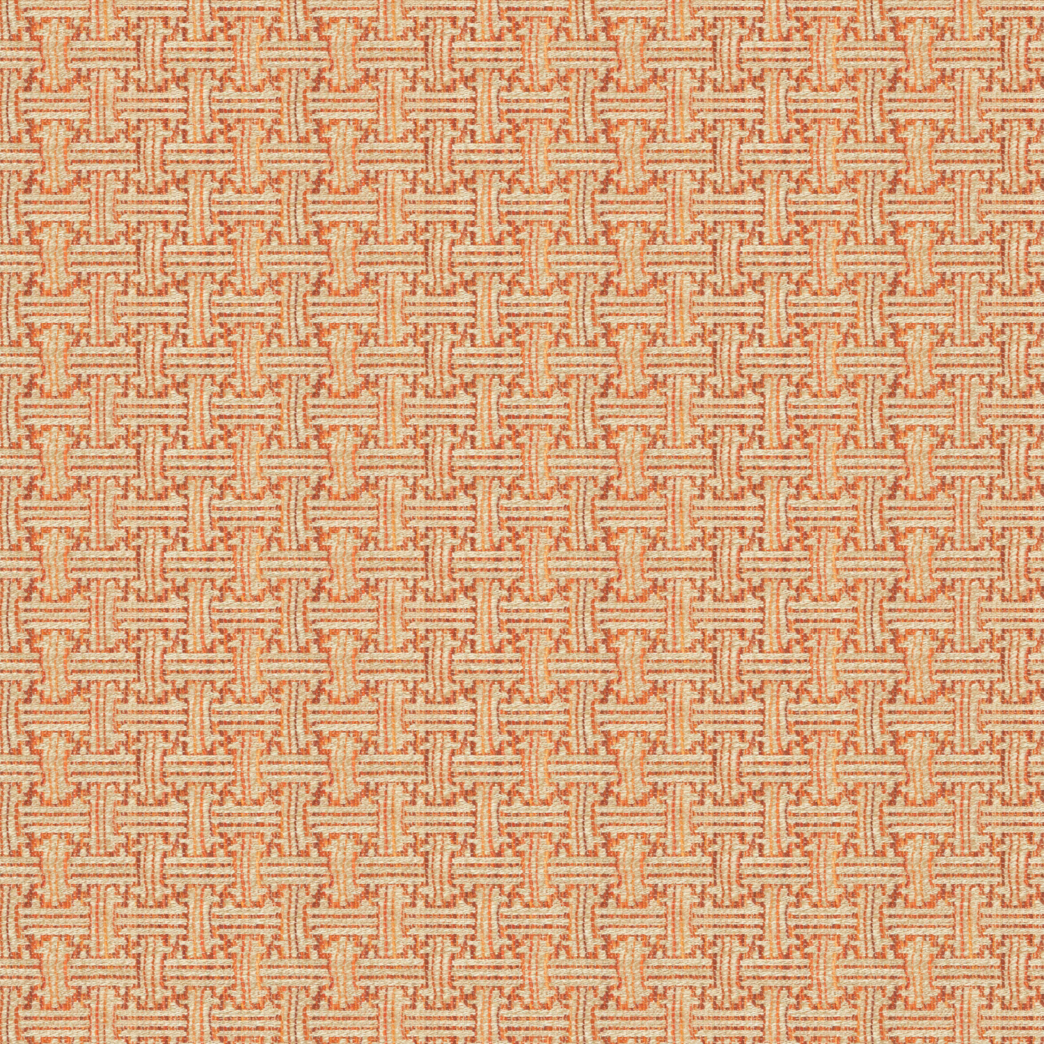 Warm coral geometric weave with cream interlocking motifs and softly textured surface
