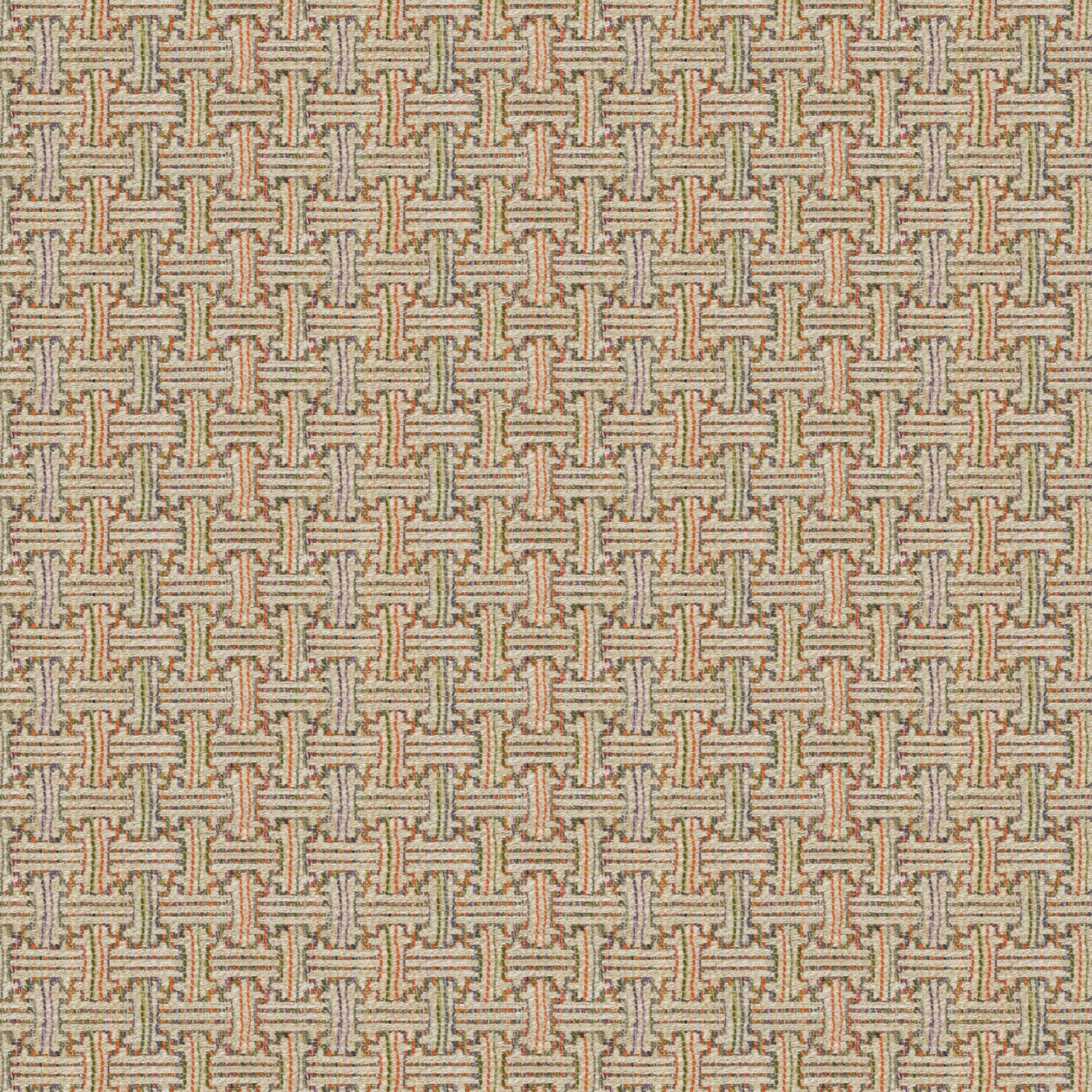 Cream woven fabric with small interlocking sage and terracotta geometric motifs