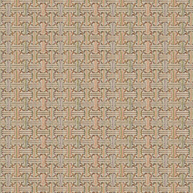 Cream woven fabric with small interlocking sage and terracotta geometric motifs