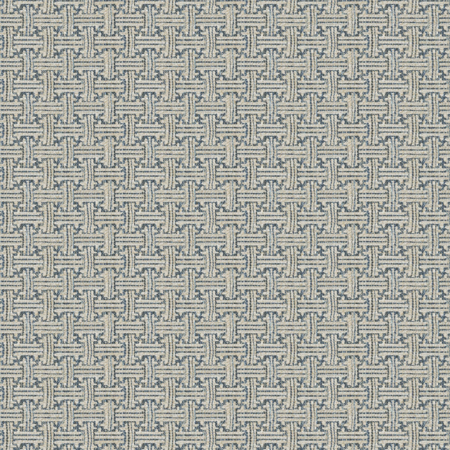 Cool grey woven upholstery with a small charcoal interlocking geometric pattern