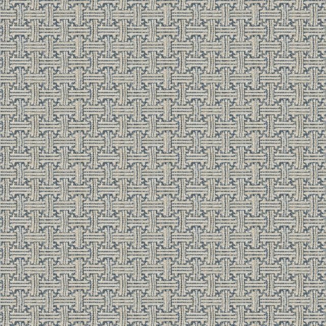 Cool grey woven upholstery with a small charcoal interlocking geometric pattern