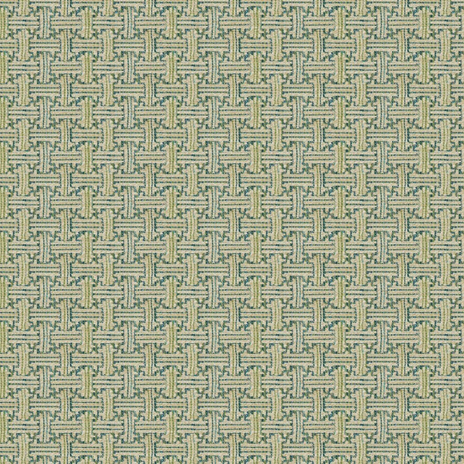 Pale seafoam woven fabric with repeating teal interlocking geometric texture