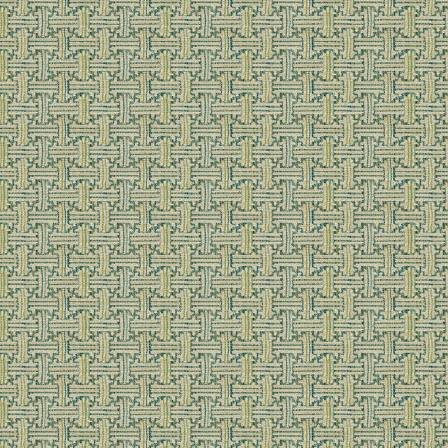 Pale seafoam woven fabric with repeating teal interlocking geometric texture