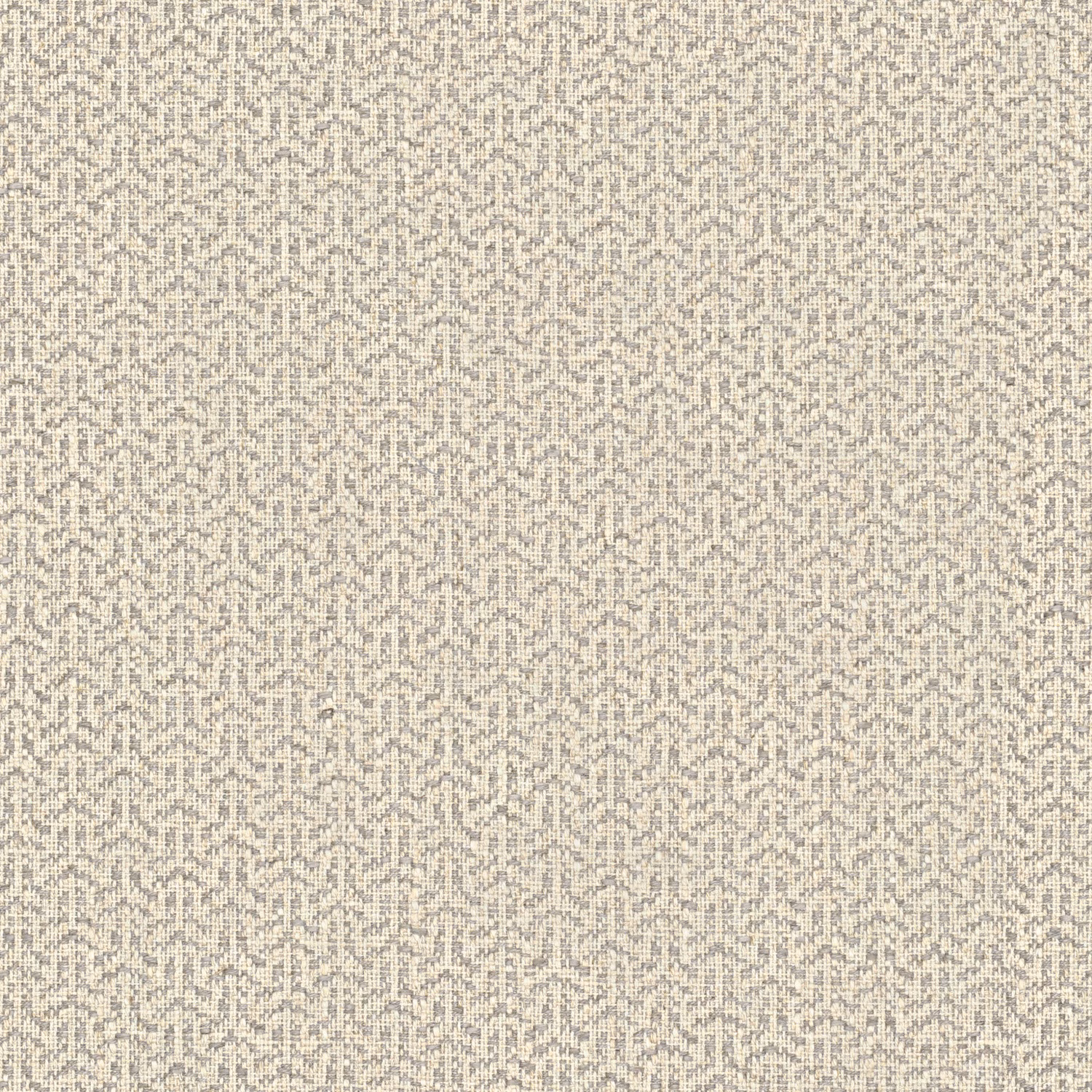 Close-up of pale feather grey fabric with a small broken trellis weave and mottled texture