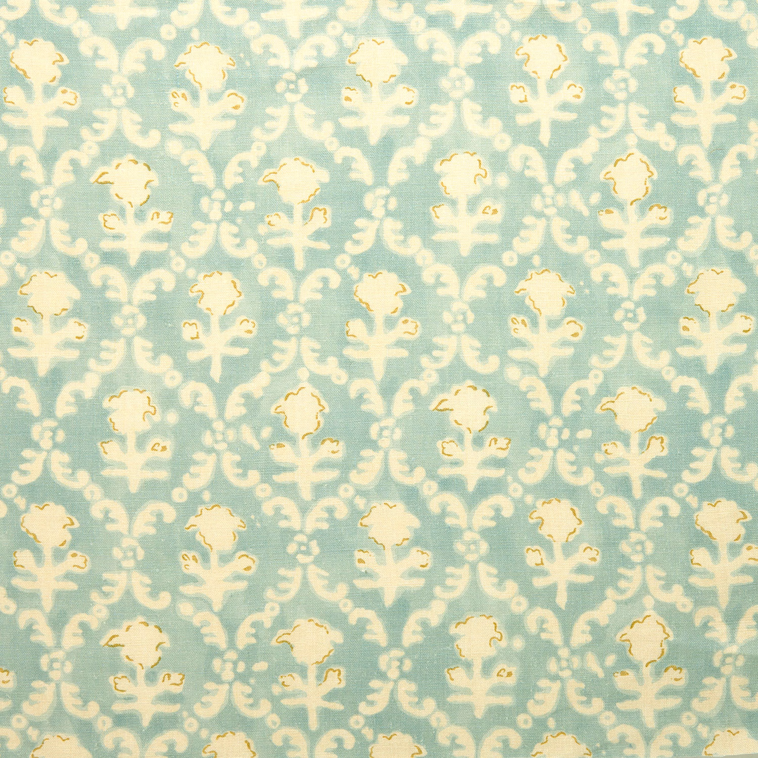 Pale aqua linen fabric with cream damask motifs and fine gold outlines