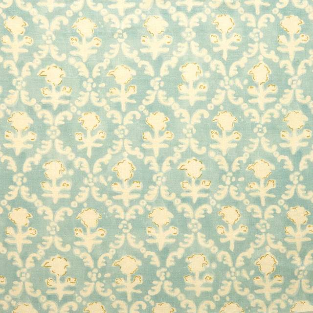 Pale aqua linen fabric with cream damask motifs and fine gold outlines