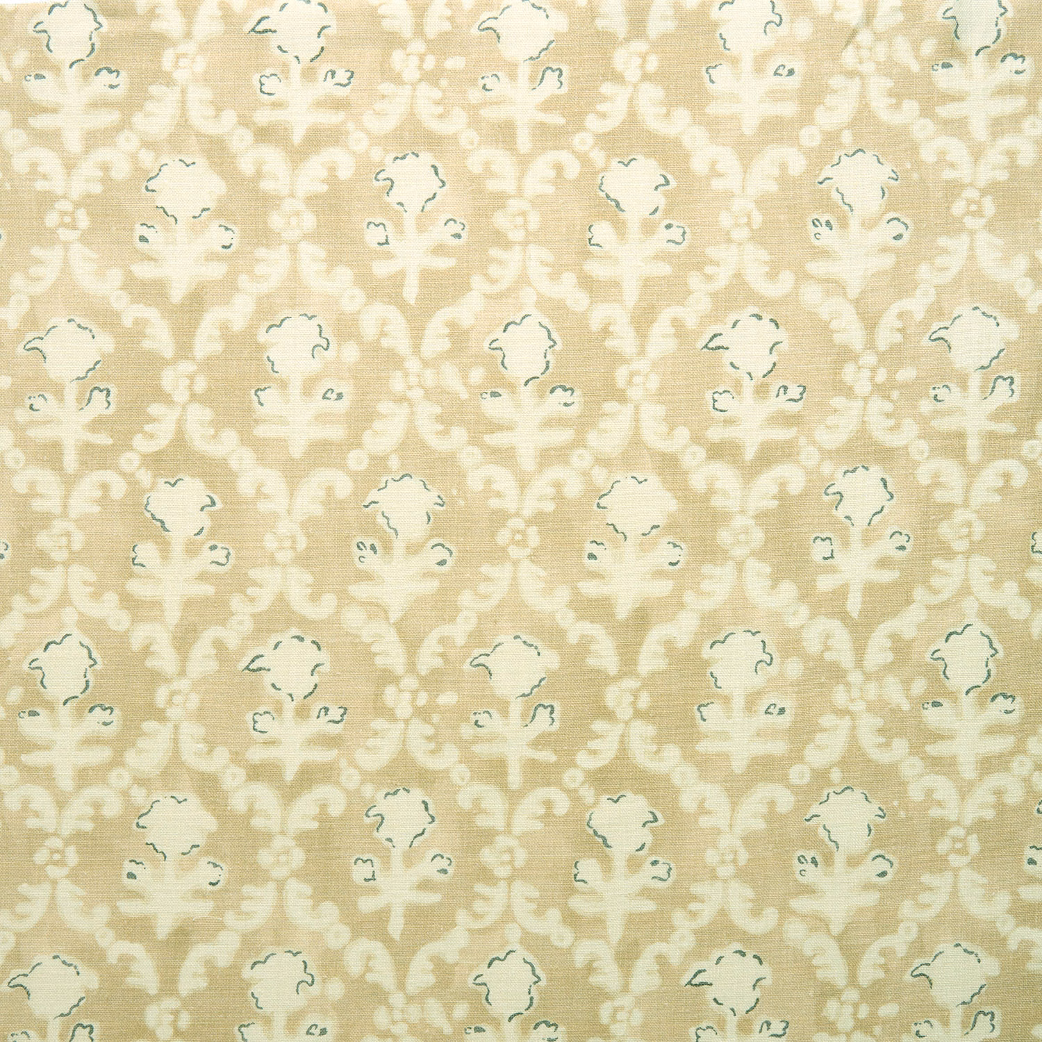 Warm barley beige linen damask with cream motifs and teal outline details