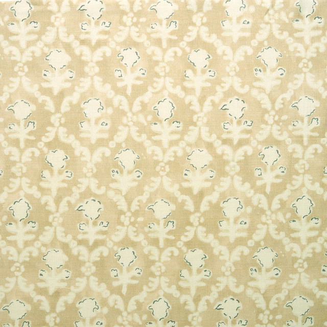 Warm barley beige linen damask with cream motifs and teal outline details