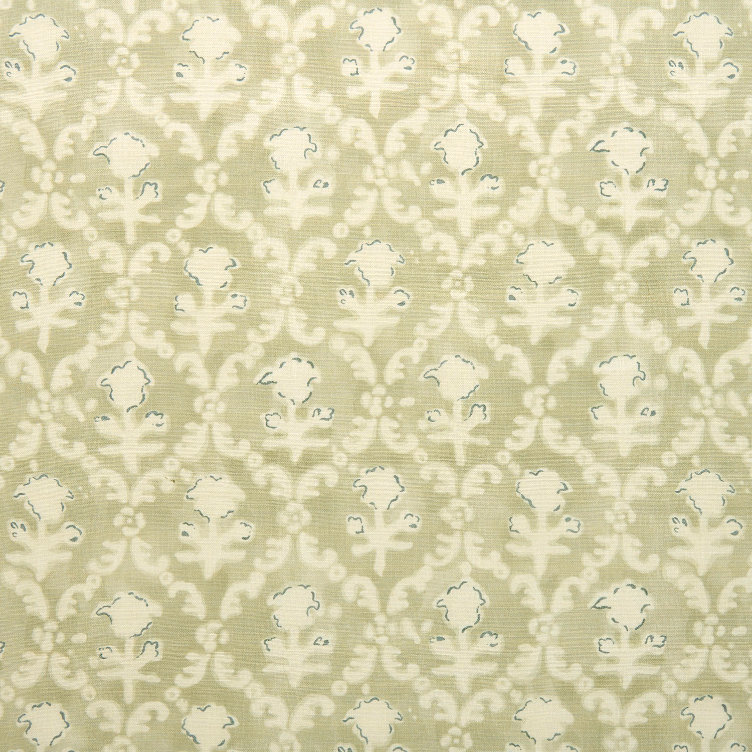 Pale sage floral linen fabric with creamy repeating motif and fine outline detail