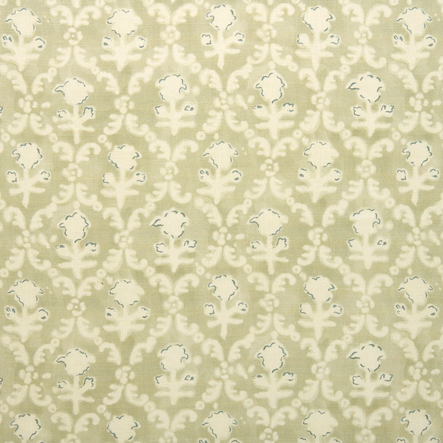 Pale sage floral linen fabric with creamy repeating motif and fine outline detail