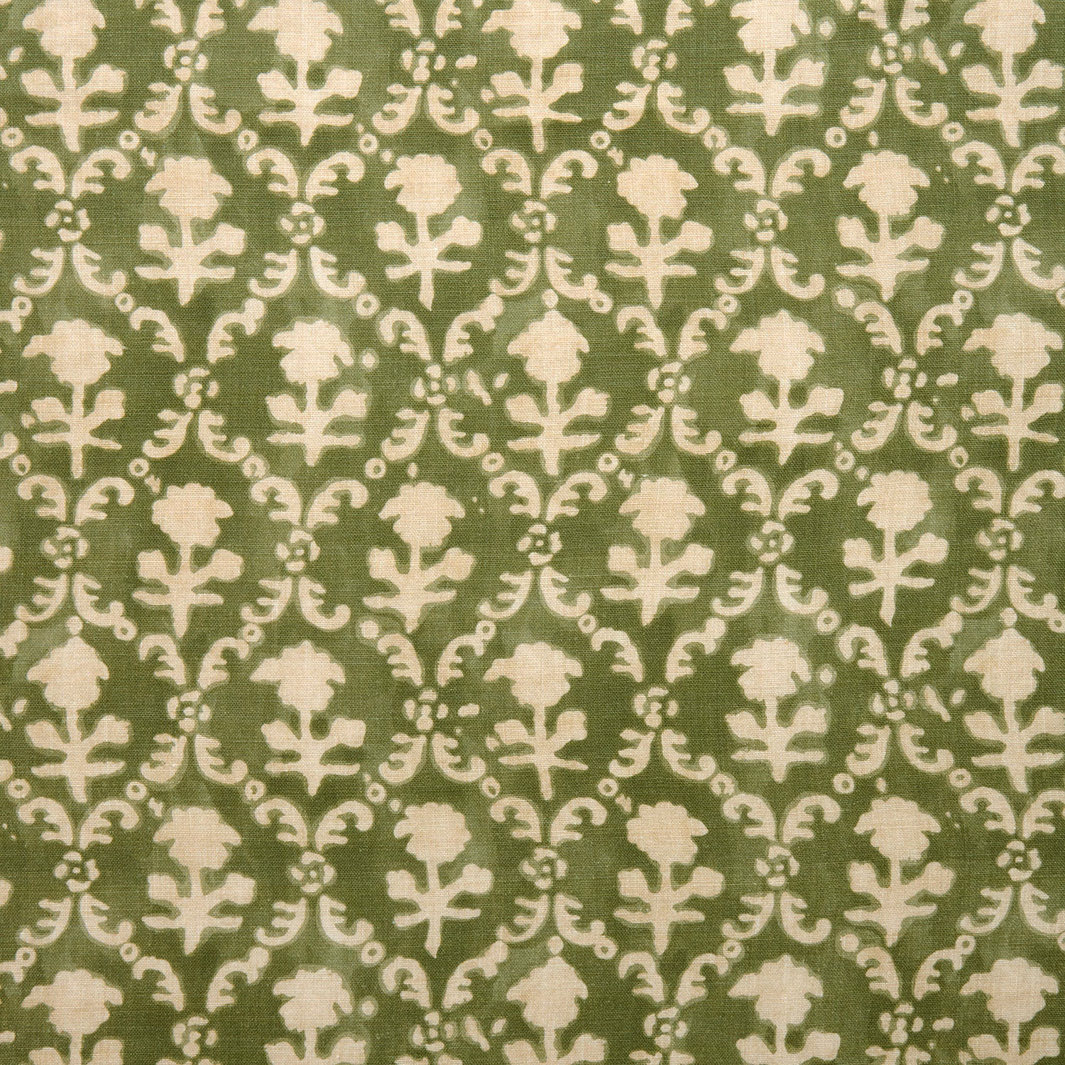 Olive green linen fabric with repeating ivory floral lattice motif