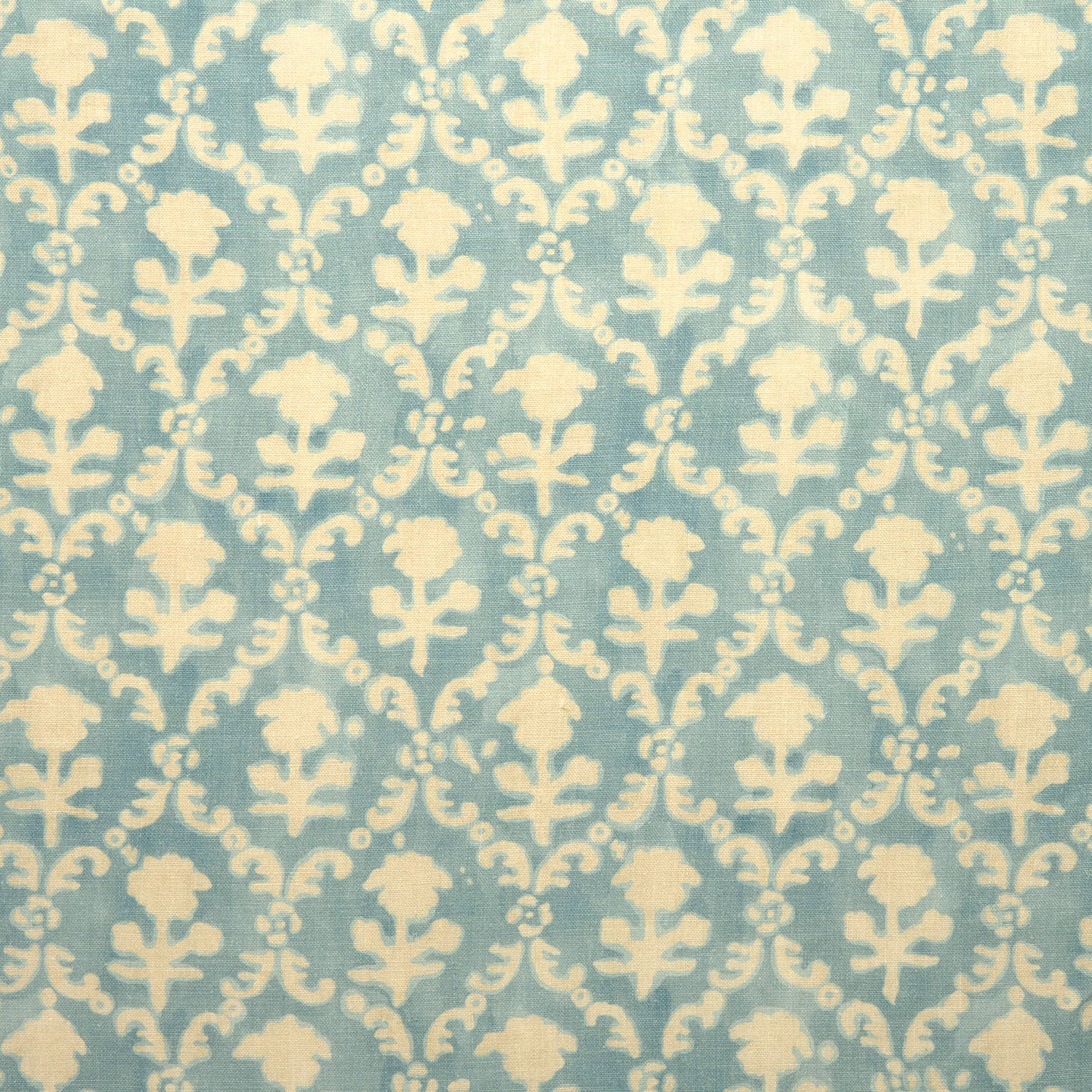 Aqua linen fabric with cream damask motifs and softly textured weave