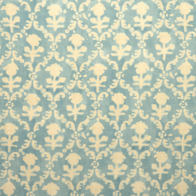 Aqua linen fabric with cream damask motifs and softly textured weave
