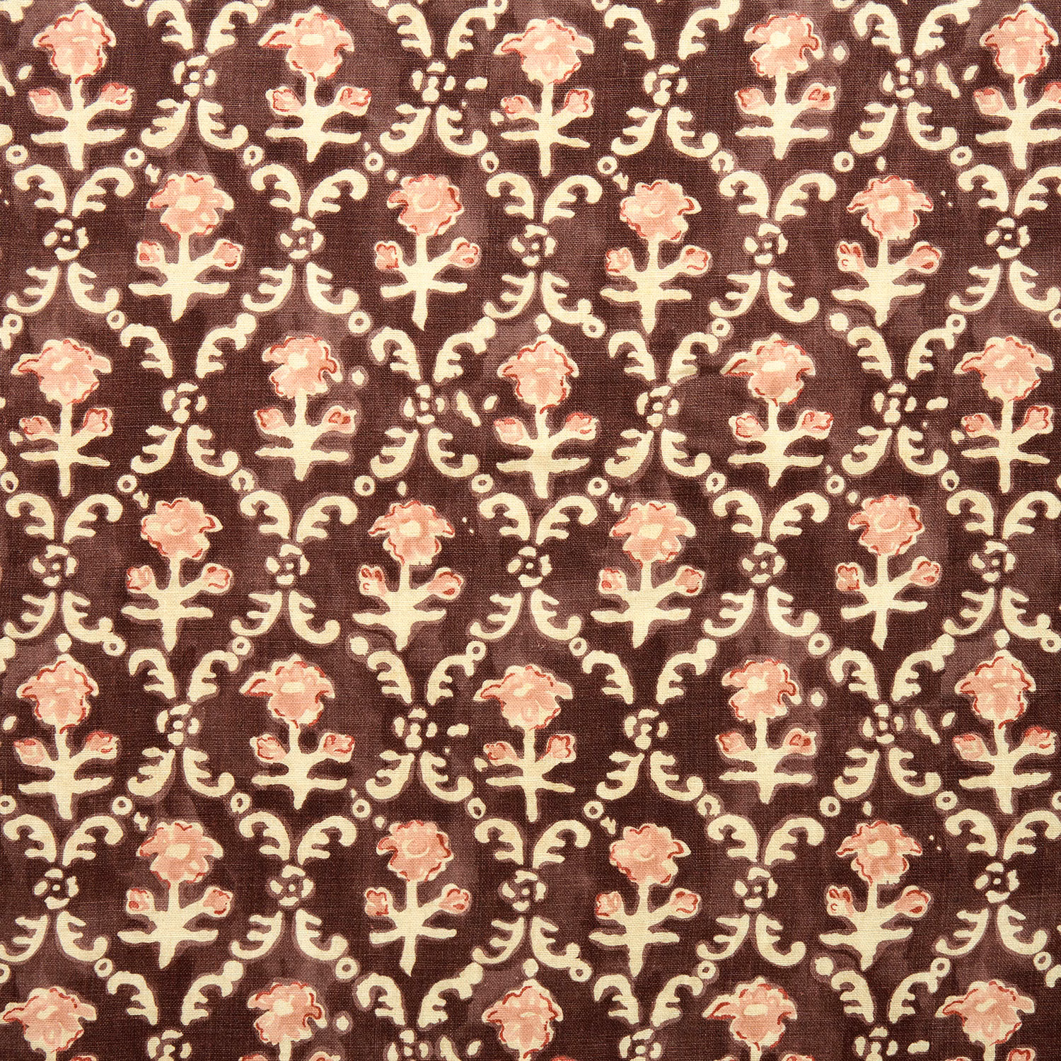Prune brown linen fabric with cream and blush floral repeat