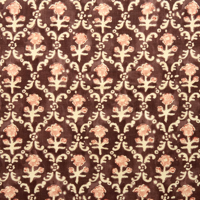Prune brown linen fabric with cream and blush floral repeat