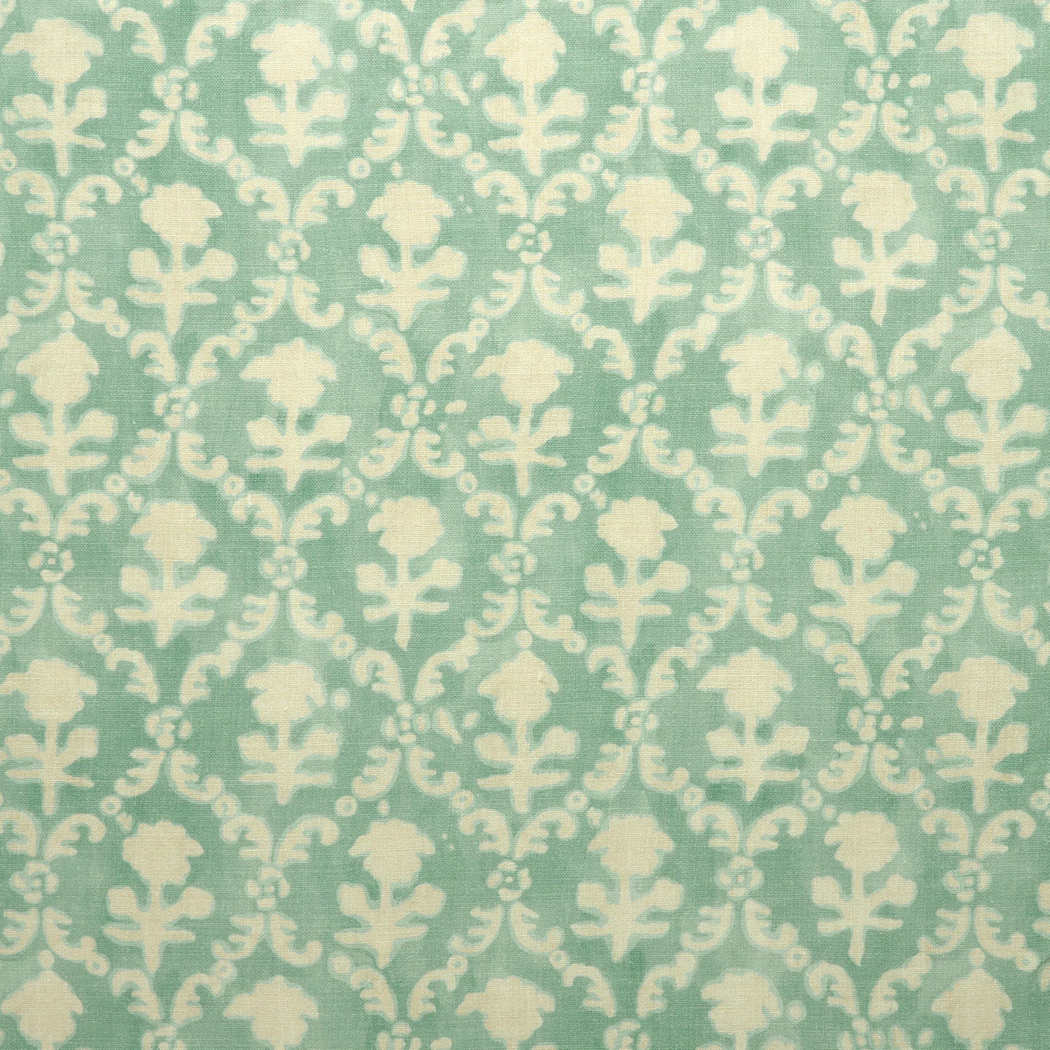 Soft jade linen damask fabric with creamy repeating floral motif