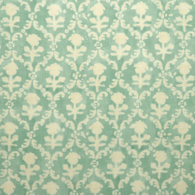 Soft jade linen damask fabric with creamy repeating floral motif