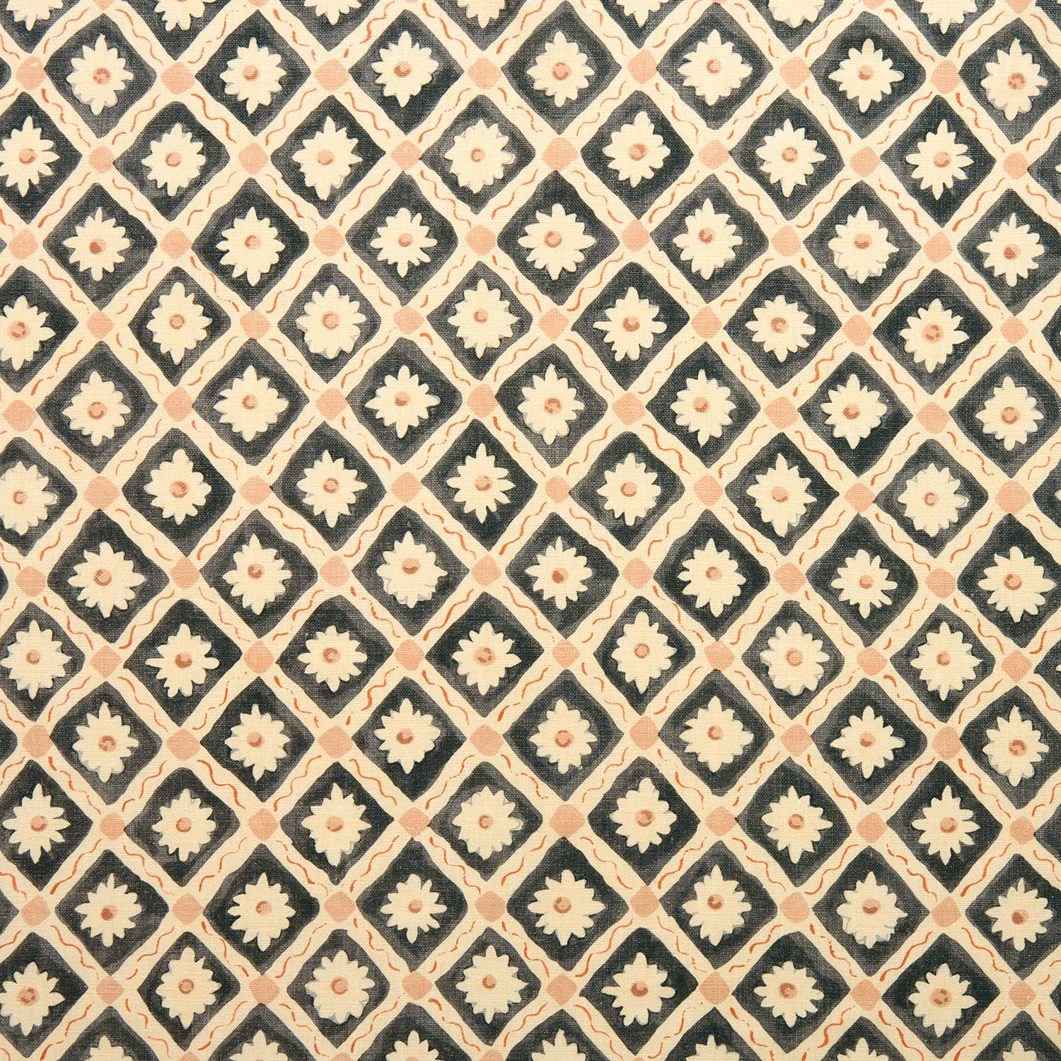 Diamond lattice linen fabric in charcoal black with cream floral motifs and blush accents