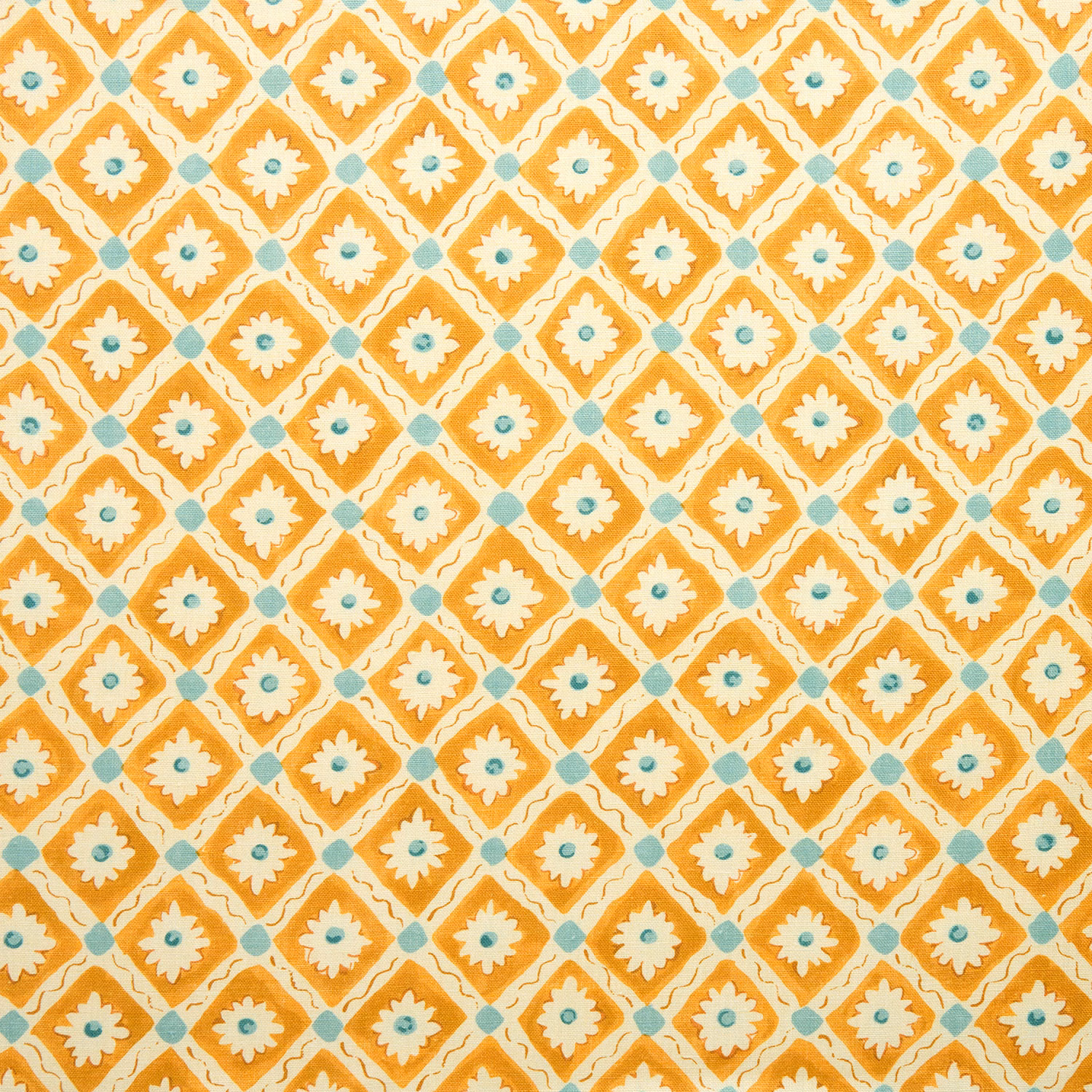Marigold and cream geometric linen swatch with small aqua floral centres