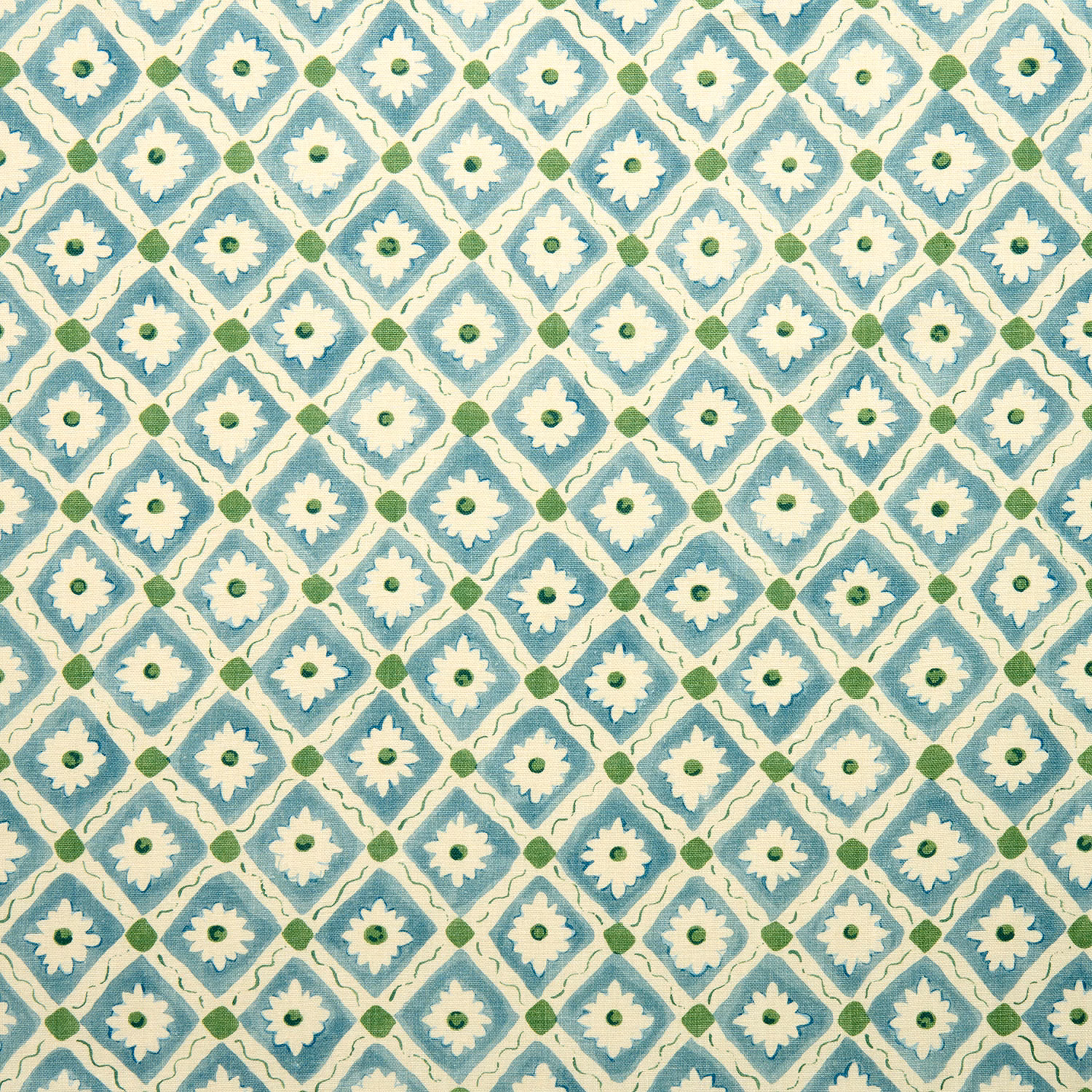 Marine blue diamond lattice linen fabric with cream flower motifs and green accents
