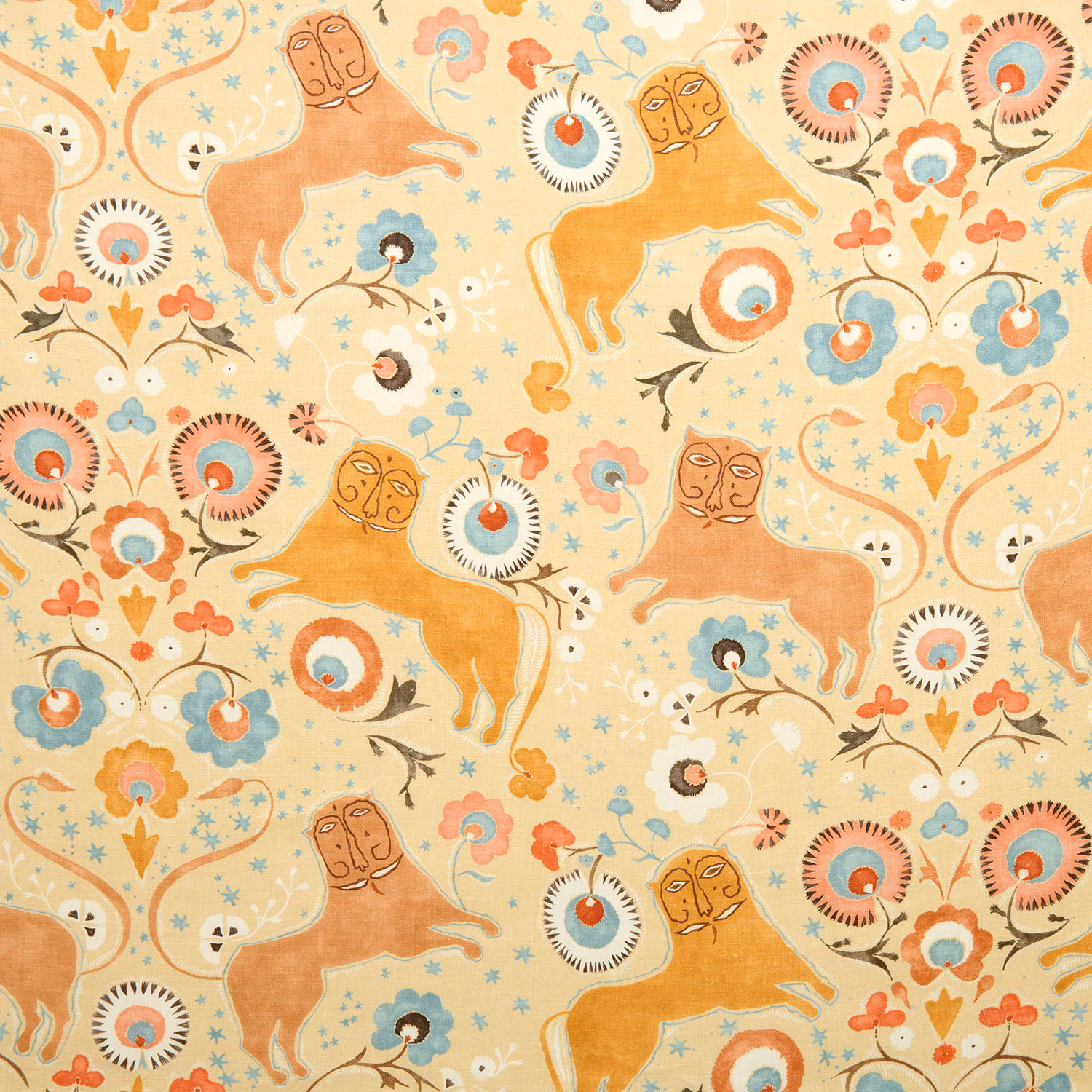 Printed fabric swatch with lions, flowers and folk motifs on a chickpea yellow ground