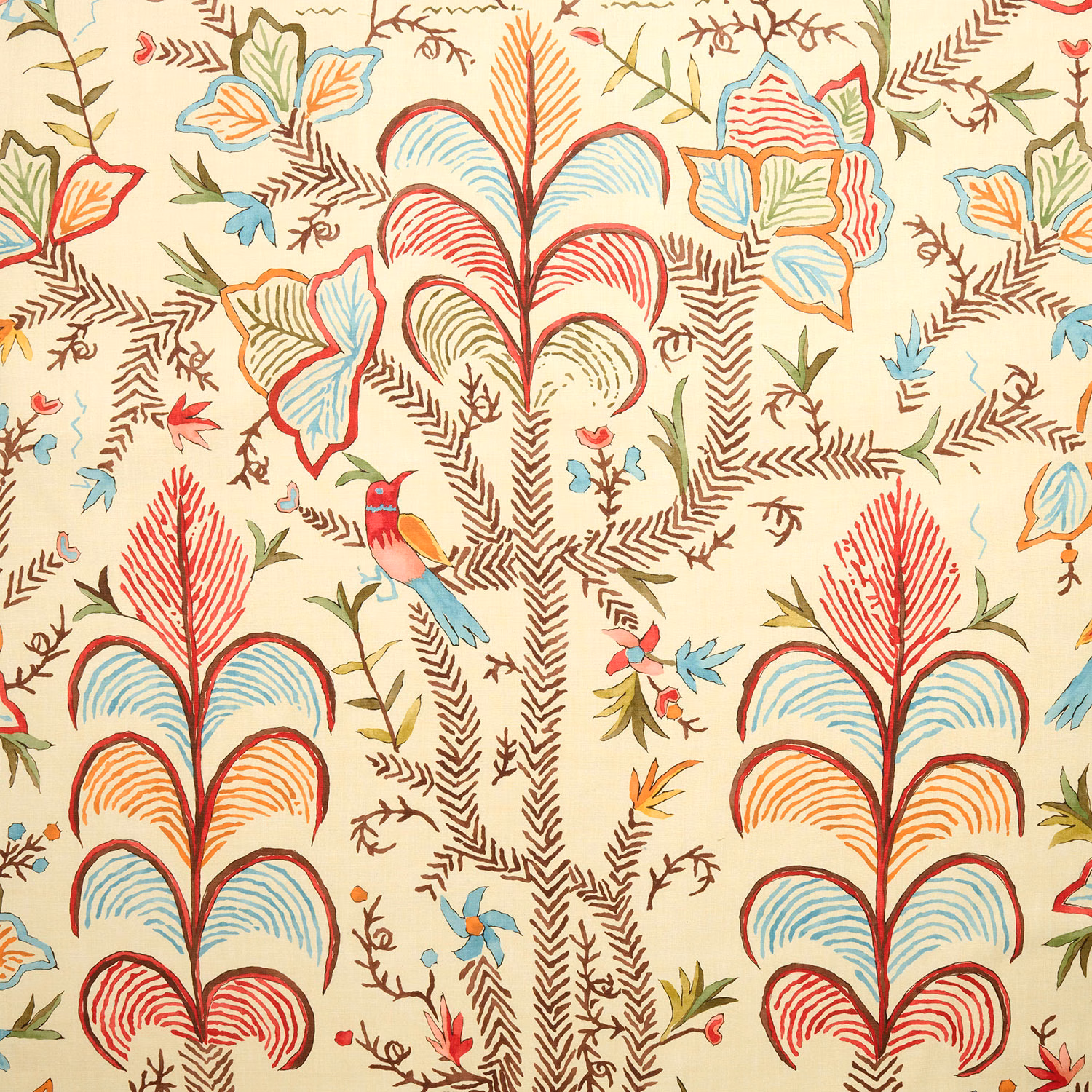 Cream linen fabric with crimson bird-and-floral large-scale print