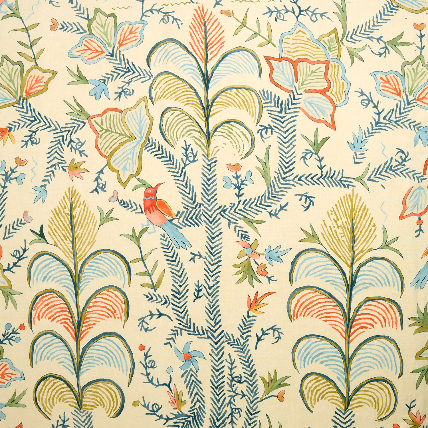 Cream linen fabric with tropical leaves, birds and coral botanical print