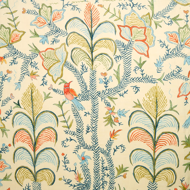 Cream linen fabric with tropical leaves, birds and coral botanical print