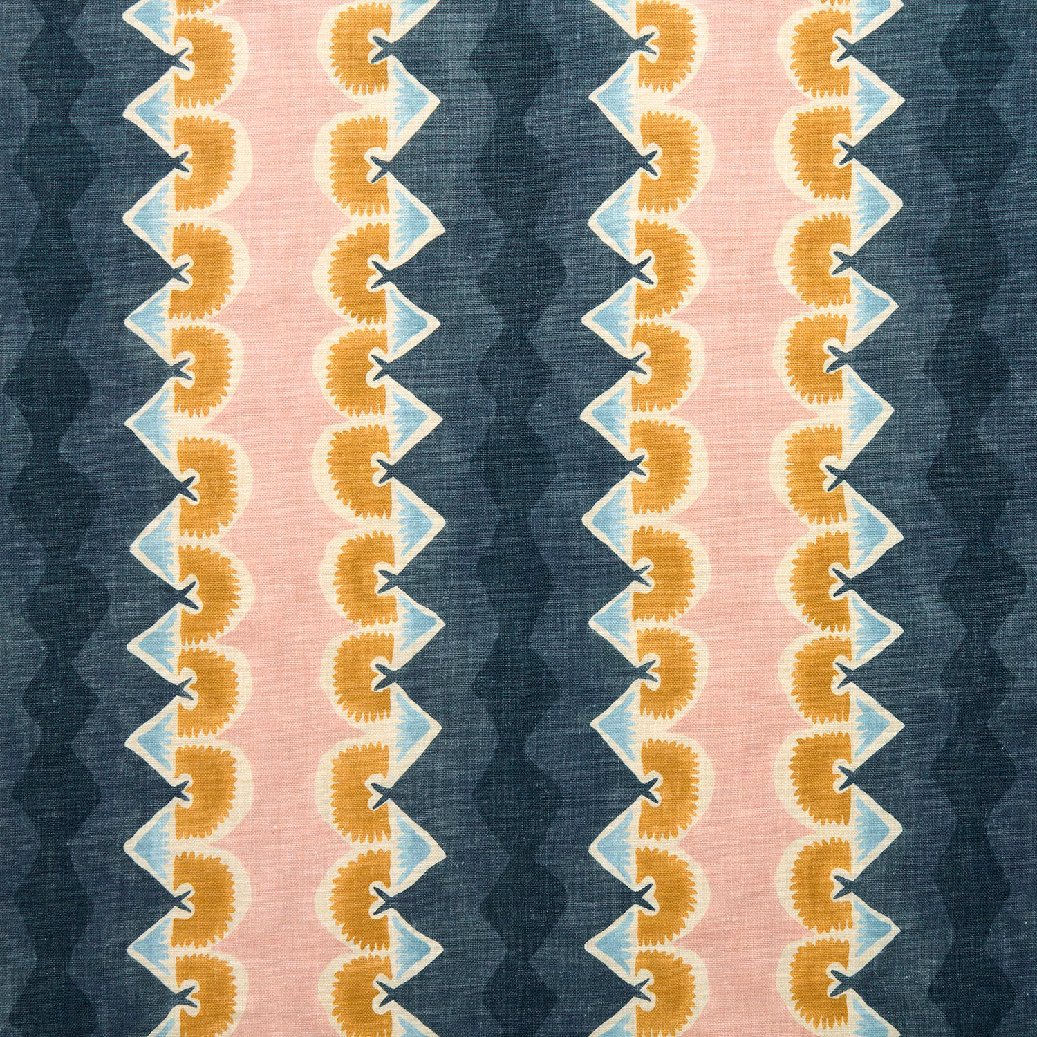 Striped woven cushion in inky blue, blush pink, cream and golden motifs