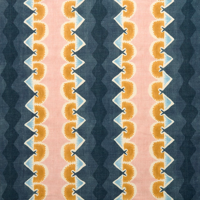 Striped woven cushion in inky blue, blush pink, cream and golden motifs